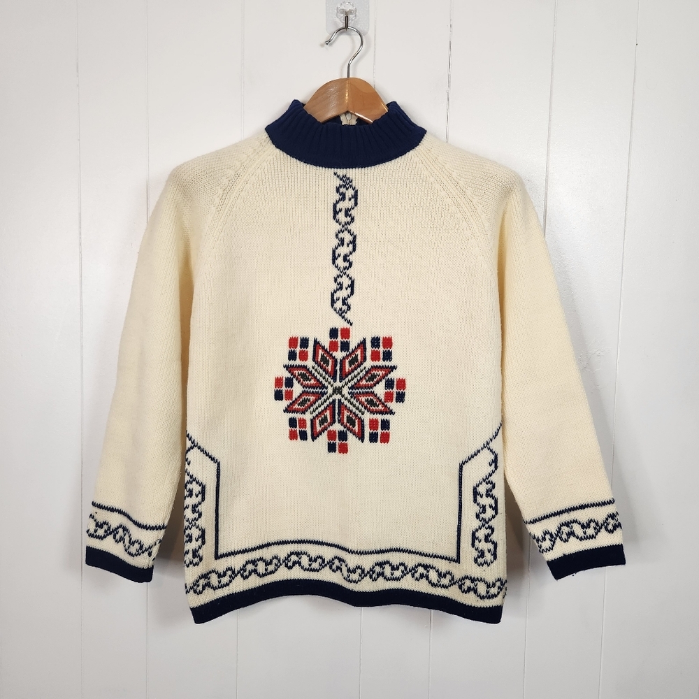 Vintage Fair Isle Nordic Ski Turtleneck Sweater Beige 1970s 1980s Size Small - Picture 3 of 10